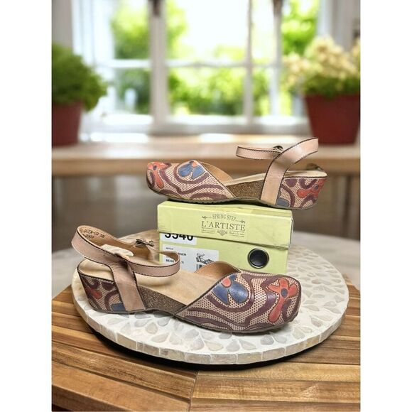 Spring Step L’Artiste Leoluv Mary Jane Sandals 38 US 7.5-8 Beige Multi Handpaint - Picture 12 of 16